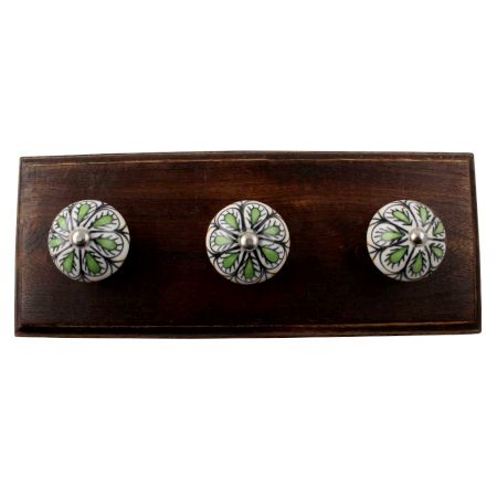 Pea Green Ceramic Floral Wooden Hook